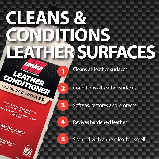 Malco Leather Conditioner for Cars - Cleans and Conditions Automotive Seats & Surfaces/Natural Moisturizers Soften, Restore and Protect Leather Interiors / 32 Oz (109932)