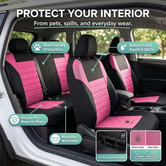 FH Group Automotive Car Seat Covers Full Set Premium 3D Air Mesh Front Seat Covers, Airbag Compatible & Split Bench Cover Universal Fit Interior Accessories for Cars Trucks and SUVs - Pink