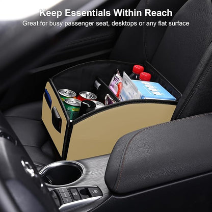 Car Storage Organizer [2025 UPDATED] Leather Car Caddy Basket for Front Seat Floor Back Seats Metal Handle 6 Compartments Adjustable Strap Buckles Slip-Resistant (Beige)