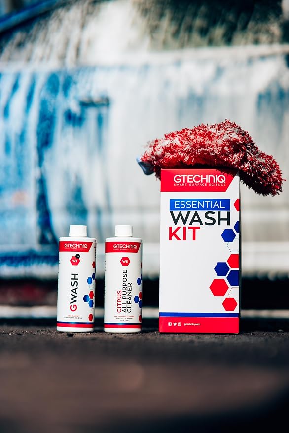 Gtechniq Essential Car Wash Kit, 4-Piece | Includes Car Shampoo, All-Purpose Cleaner, Microfiber Wash Mitt and Microfiber Towel, Cleans Stubborn Dirt and Grime, Gentle on Coatings and Waxes