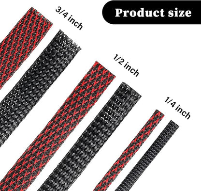 Xuniea 96ft Wire Loom Braided Cable Sleeve Covers Cord Management with 127 Pcs Tube Heat Shrinkable for Audio Video Cable Cord Protectors from Pets(1/4, 1/2, 3/4 Inch,Black and Red)