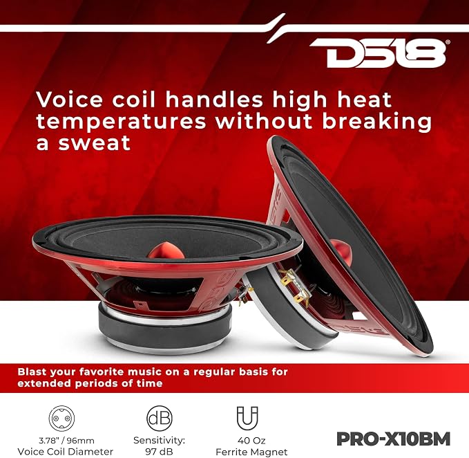 DS18 PRO-X10BM Loudspeaker - 10", Midrange, Red Aluminum Bullet, 600W Max, 300W RMS, 8 Ohms - Premium Quality Audio Door Speakers for Car or Truck Stereo Sound System (1 Speaker)