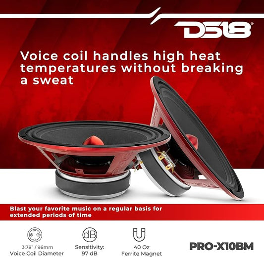 DS18 PRO-X10BM Loudspeaker - 10", Midrange, Red Aluminum Bullet, 600W Max, 300W RMS, 8 Ohms - Premium Quality Audio Door Speakers for Car or Truck Stereo Sound System (1 Speaker)