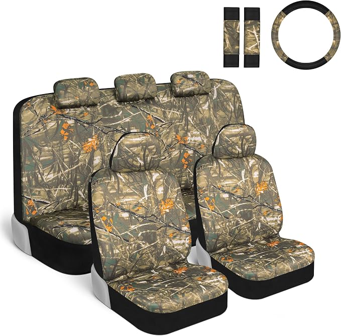 BDK Hunter Camo Car Seat Covers Full Set with Camo Steering Wheel Cover and Seat Belt Cover Pad – Forest Camouflage Pattern, Automotive Front Seat & Bench Back Seat Cover for Cars Trucks SUV