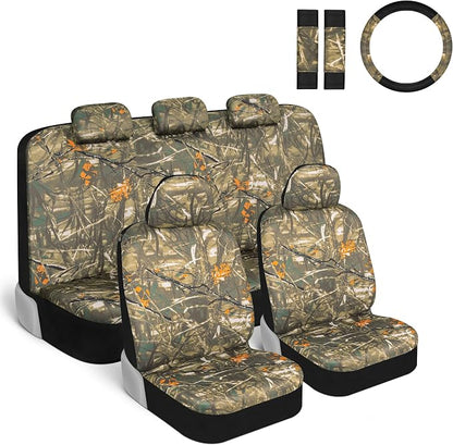 BDK Hunter Camo Car Seat Covers Full Set with Camo Steering Wheel Cover and Seat Belt Cover Pad – Forest Camouflage Pattern, Automotive Front Seat & Bench Back Seat Cover for Cars Trucks SUV