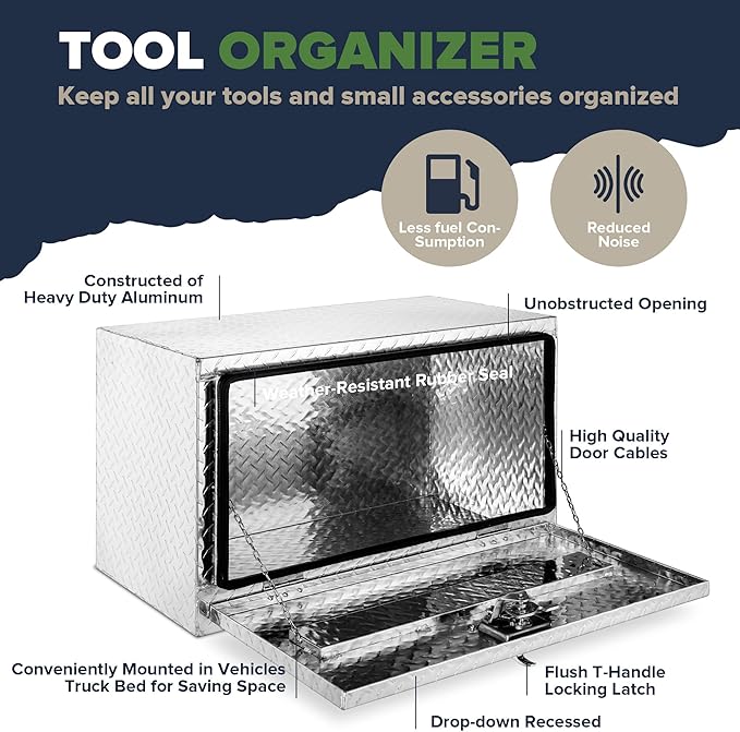 ARKSEN 30 x 17 x 18 Inch Underbody Tool Box, Heavy Duty Aluminum Diamond Plate Waterproof Square Storage Organizer Chest with T-Handle Lock & Keys for Pickup Truck, RV & Trailer – Silver