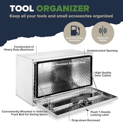 ARKSEN 30 x 17 x 18 Inch Underbody Tool Box, Heavy Duty Aluminum Diamond Plate Waterproof Square Storage Organizer Chest with T-Handle Lock & Keys for Pickup Truck, RV & Trailer – Silver
