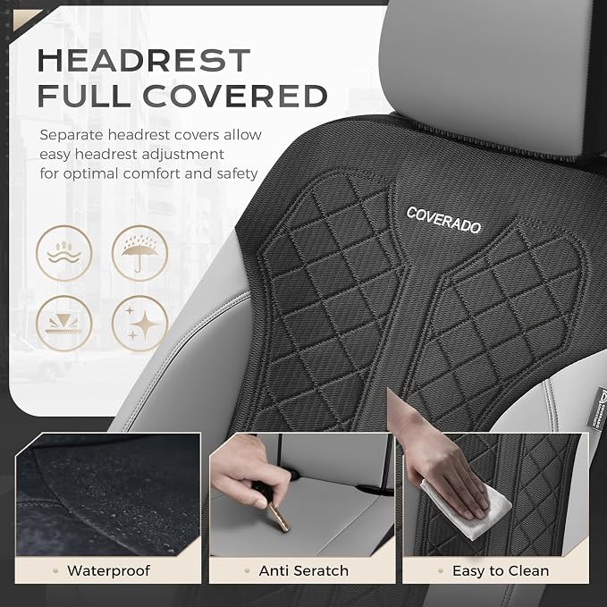 Coverado Automotive Seat Covers Full Set, Luxury Car Seat Covers, Leather Seat Covers, Mesh Design, Black Driver Seat Protectors, Universal Fit for SUVs, Trucks, Sedans