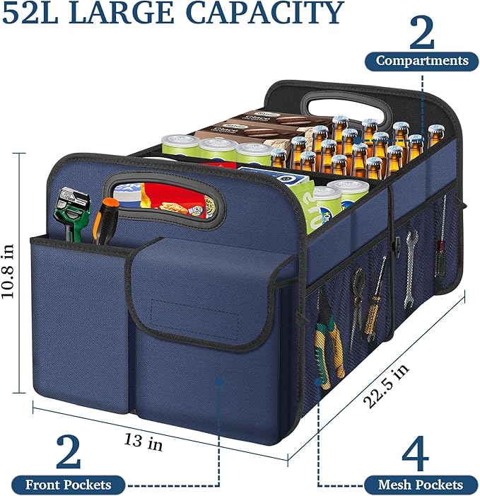 Femuar Car Trunk Organizer, Collapsible, Waterproof, Non-Slip, Blue, 52L, 5 Compartments, Rectangular, Portable, Practical/Functional