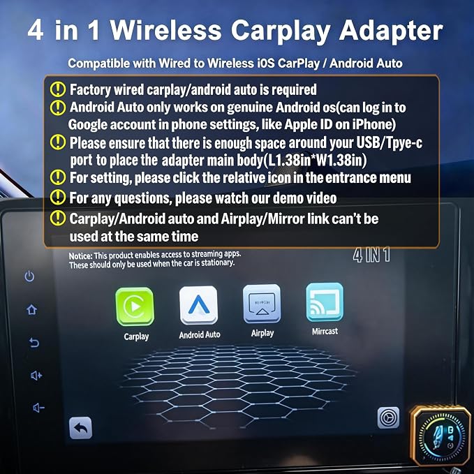 4in1 Wireless Carplay Adapter for Apple iPhone Android Auto,Airplay Screen Mirror Link Bluetooth Carplay Adapter for Video YouTube Tiktok,WiFi Dual Core,Mini Car Play USB Dongle,Fast,No Latency