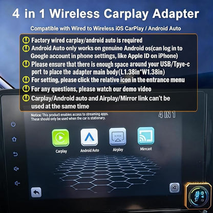 4in1 Wireless Carplay Adapter for Apple iPhone Android Auto,Airplay Screen Mirror Link Bluetooth Carplay Adapter for Video YouTube Tiktok,WiFi Dual Core,Mini Car Play USB Dongle,Fast,No Latency