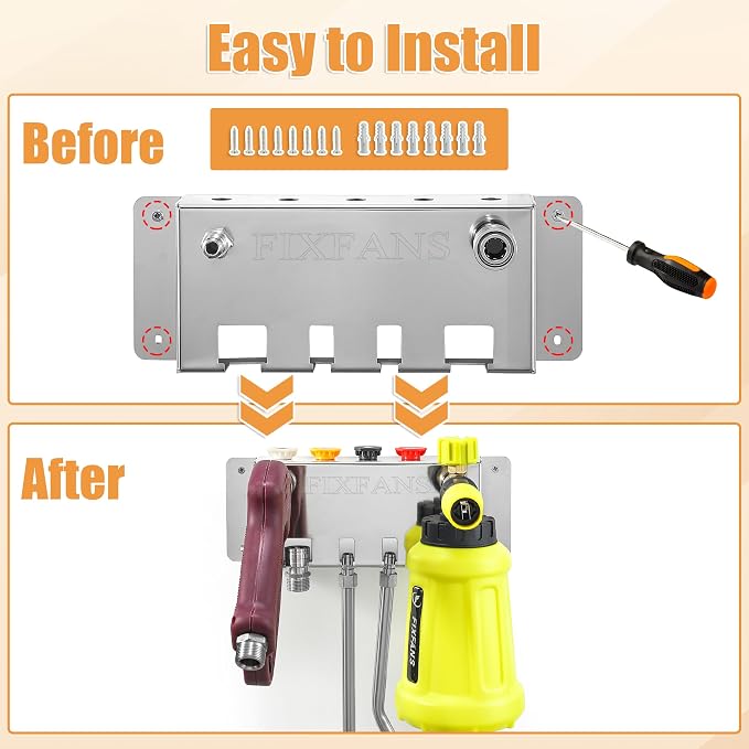 FIXFANS Pressure Washer Foam Cannon Holder, Wall Mounted | Power Washer Gun Storage, 1/4" Quick Connect, Nozzle Tips & Wand Extension Kit Organizer, Car Wash Accessories Rack