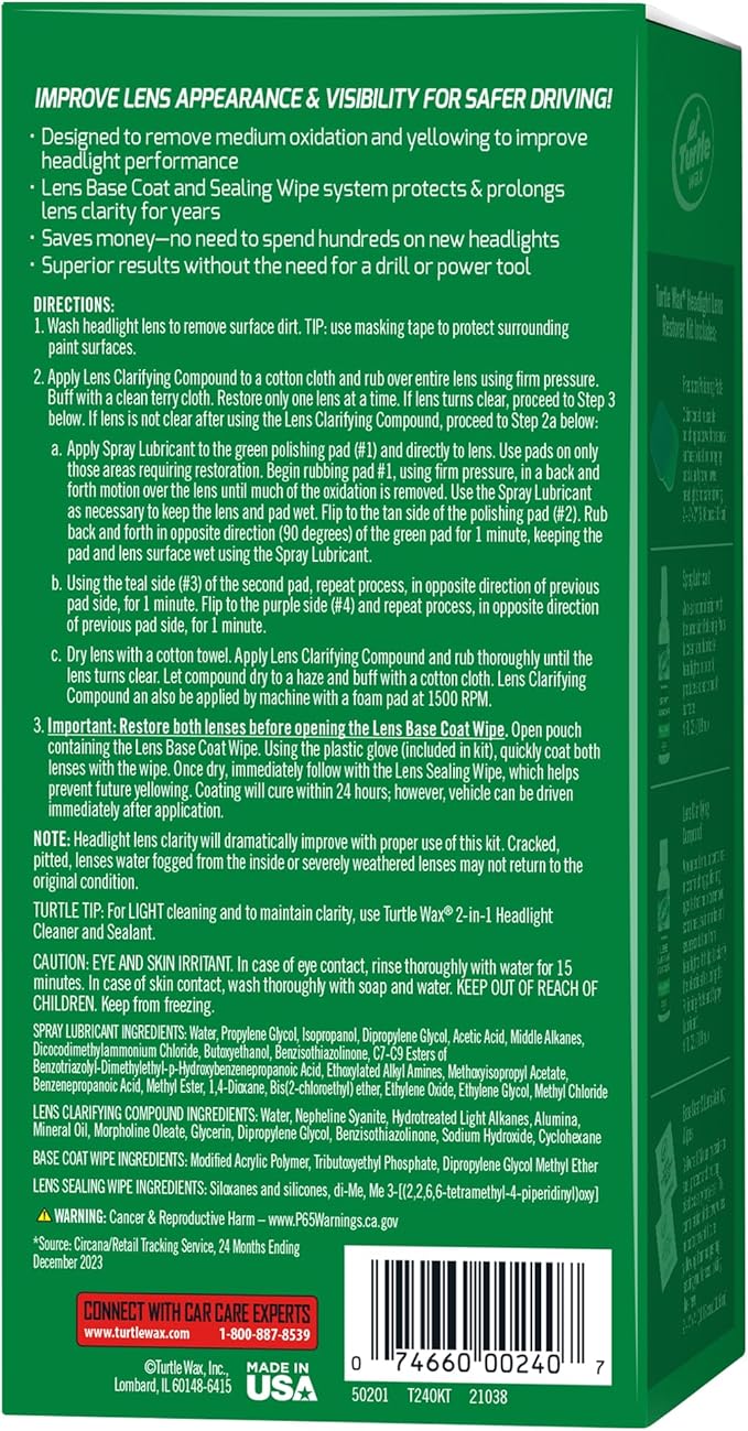 Turtle Wax Headlight Restoration Kit, Removes Oxidation and Yellowing, Restores to Like-New Condition, Increases Visibility and Brightness for Safer Driving, Easy Application