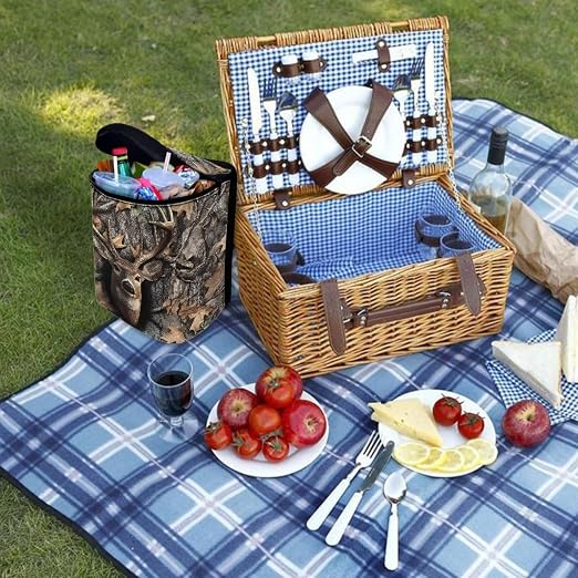 Hunting Deer Forest Camo Print Car Trash Can with Lid and Zipper Portable Foldable Garbage Can Hanging for Headrest Leakproof Organizer and Storage Bag Car Accessories