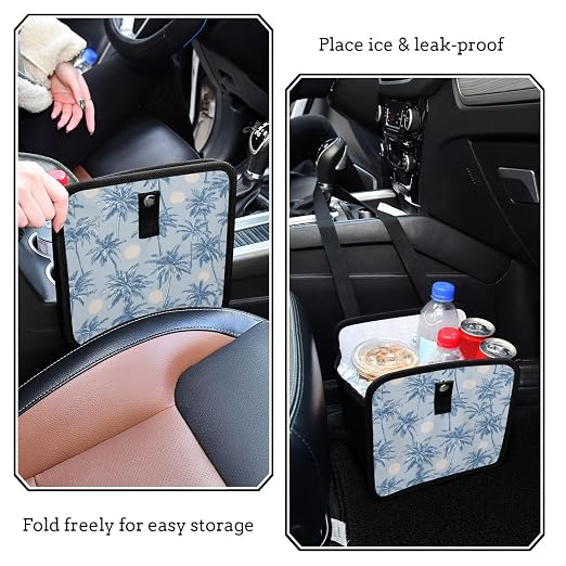 Car Trash Can Organizer Bin with Adjustable Strap for Back Front Seat Console Waterproof Leakproof Collapsible Portable 8.66 Inch Light Blue Palm Trees and Sun