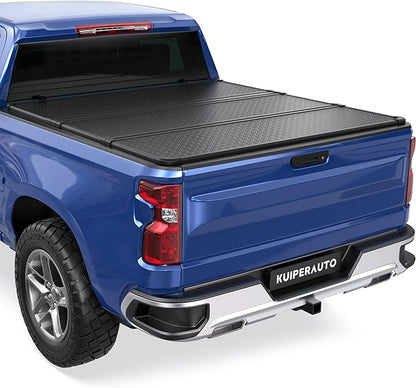 KUIPERAUTO 5.8FT Hard Tri Truck Bed Tonneau Cover Compatible for 2019-2025 2026 Chevrolet Silverado GMC Sierra 1500 (2019 New Body) - 69.6 inch - W/o Multi-Flex Tailgate and Carbonpro