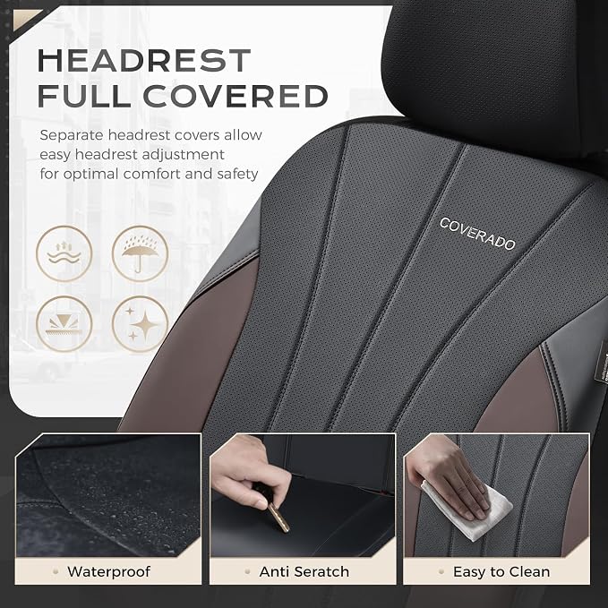 Coverado Car Seat Covers， 2 Front Seats Waterproof Nappa Leather Automotive Seat Protectors, Front Luxury Mesh Seat Covers, All-Weather Universal Fit for Most Cars SUVs, Trucks, Coffee&Black
