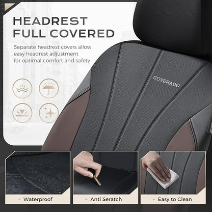 Coverado Car Seat Covers， 2 Front Seats Waterproof Nappa Leather Automotive Seat Protectors, Front Luxury Mesh Seat Covers, All-Weather Universal Fit for Most Cars SUVs, Trucks, Coffee&Black