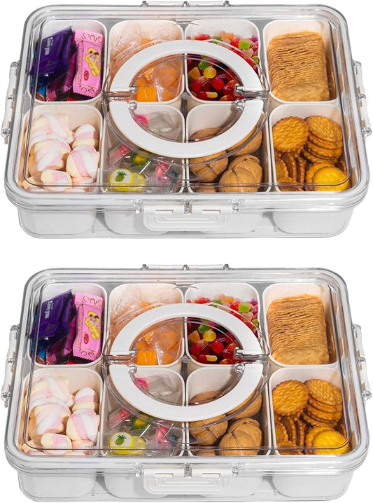 WACOI Divided Snack Serving Tray with Lid and Handle Travel Snackle Charcuterie Container Portable Storage Organizer for Candy, Fruits, Nuts, Snacks, Party, Picnic 2 Packs White
