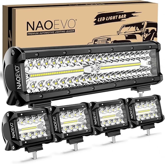 NAOEVO 12 Inch LED Light Bar and 4PCS 4 Inch LED Pod Lights, 54000LM LED Fog/Driving/Off Road Lights, Triple Row Spot Flood Combo LED Light Bar for Truck Car UTV ATV Boat, 1 Year Warranty