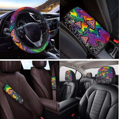 14 Pcs Abstract Mushroom Car Seat Covers with Steering Wheel Cover,Seat Belt Covers Cup Holder with Keychain,Eyes Mushroom Automotive Accessories Protector Set Universal Fit Cars SUV Trucks
