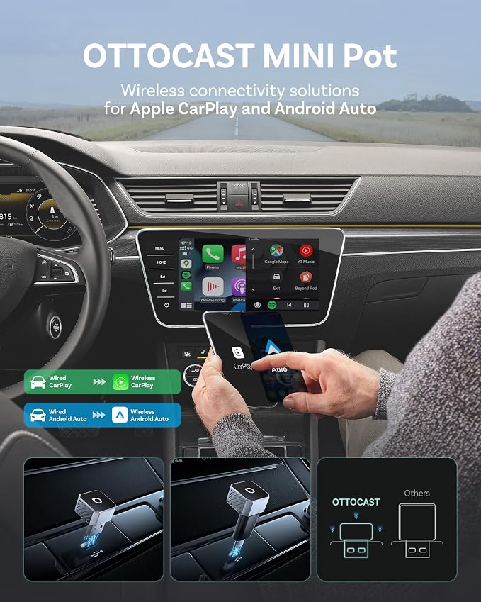 OTTOCAST Mini 3.0 (Pot) 2025 Wireless CarPlay & Android Auto 2-in-1 Adapter, Plug & Play, 5GHz WiFi, Auto Connect for iPhone & Android, Fits 98%+ OEM Wired CarPlay Cars