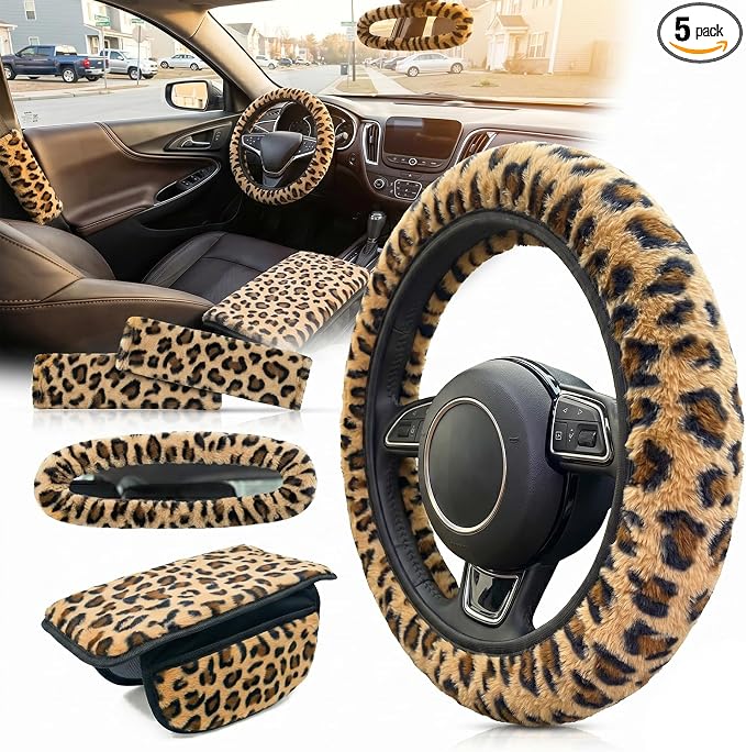 5 Pcs Fuzzy Animal Print Car Accessories Set, Soft Fluffy Plush Steering Wheel Cover, Center Console Armrest Pad & Rearview Mirror Cover - Interior Decorations for Women,Universal Fit (Leopard Print)