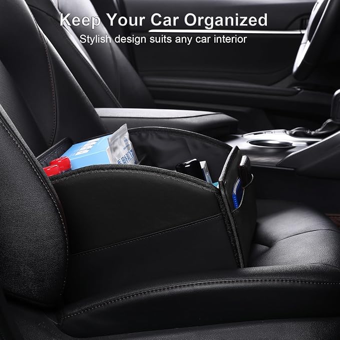 Car Storage Organizer [2025 UPDATED] Leather Car Caddy Basket for Front Seat Floor Back Seats Metal Handle 6 Compartments Adjustable Strap Buckles Slip-Resistant (Black)