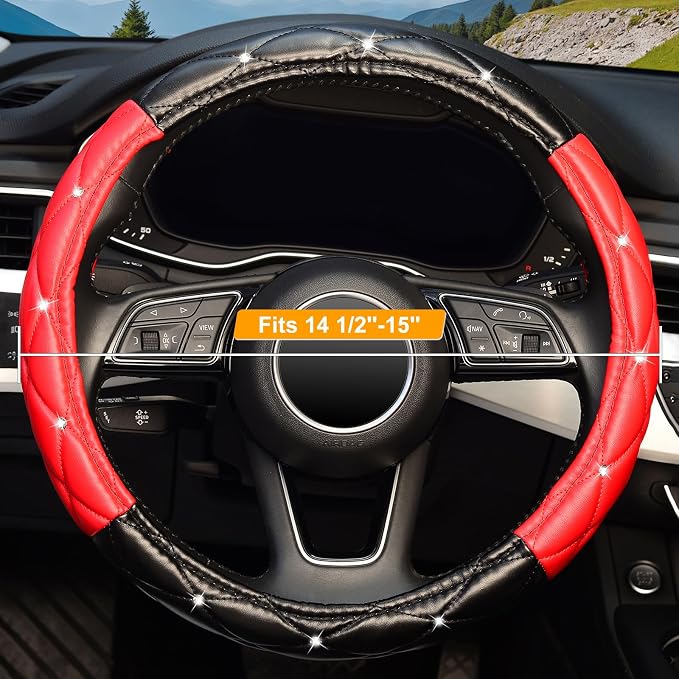 KAFEEK Diamond Soft Leather Steering Wheel Cover with Bling Bling Crystal Rhinestones, Universal 15 inch, Black Red