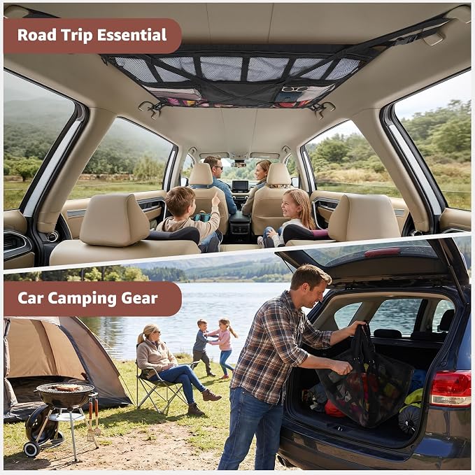 Extra Large Car Ceiling Cargo Net 43.3×27.5 Inch for SUV Minivan Truck Van,Roof Storage Organizer, Overhead Mesh Cargo Holder,Fits Most 4 Handle Vehicles for Road Trip Camping Travel