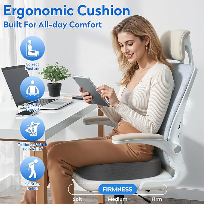 CushZone Seat Cushion, Office Chair Cushions, Car Seat Cushion, Non-Slip Sciatica & Back Coccyx Tailbone Pain Relief Chair Pad, Memory Foam Pillow for Computer Desk, Wheelchair, Driving(Grey)