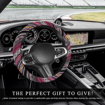 Boho Car Steering Wheel Cover, Ethnic Style Anti-Slip Coarse Flax Cloth Auto Wheel Cover, Bohemian Steering Wheel Protector for Most SUVs Vans Trucks, Car Accessories (Style J)
