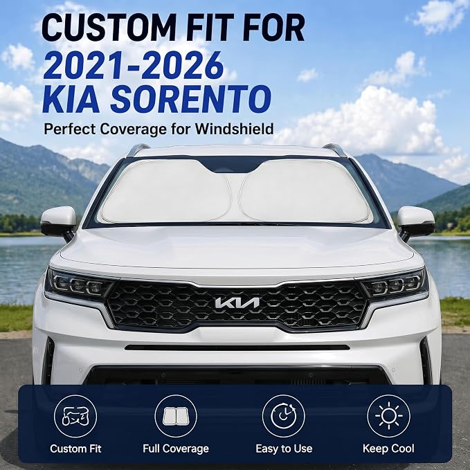 Custom Fit Windshield Sun Shade for Kia Sorento 2021-2026 | Custom Fit Windshield Cover, Blocks UV Rays, Double-Layer Heat Shield, Durable Frame, Easy Fold & Storage