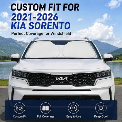 Custom Fit Windshield Sun Shade for Kia Sorento 2021-2026 | Custom Fit Windshield Cover, Blocks UV Rays, Double-Layer Heat Shield, Durable Frame, Easy Fold & Storage