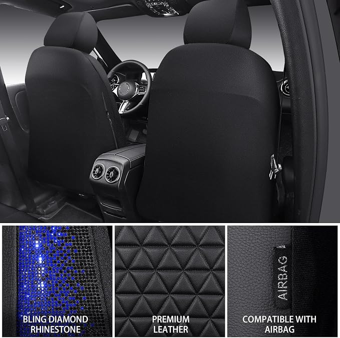 CAR PASS Bling Diamond Black Leather Car Seat Covers for 2 Front Interior Sets, Waterproof Shining Glitter Sparkly Crystal Universal Armrest Fit Automotive Truck SUV Cute Women Girl, Blue Rhinestone