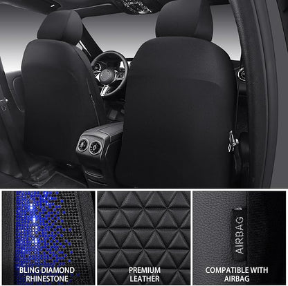CAR PASS Bling Diamond Black Leather Car Seat Covers for 2 Front Interior Sets, Waterproof Shining Glitter Sparkly Crystal Universal Armrest Fit Automotive Truck SUV Cute Women Girl, Blue Rhinestone