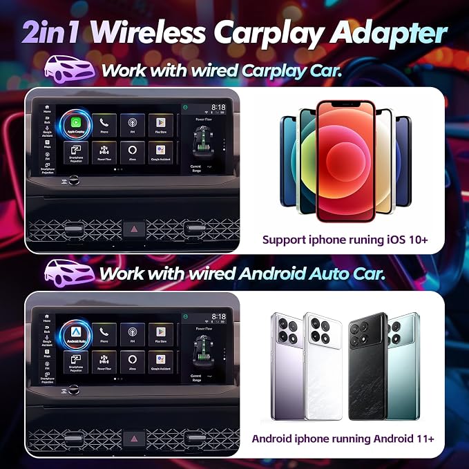 Wireless Carplay Adapter for Apple iPhone 2024 Upgrade 2 in 1 Mini Car Play Dongle Converts Wired Carplay/Android Auto to Wireless Plug and Play Low Latency for Cars from 2016