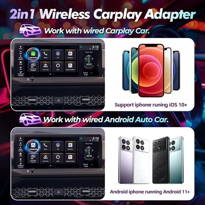Wireless Carplay Adapter for Apple iPhone 2024 Upgrade 2 in 1 Mini Car Play Dongle Converts Wired Carplay/Android Auto to Wireless Plug and Play Low Latency for Cars from 2016
