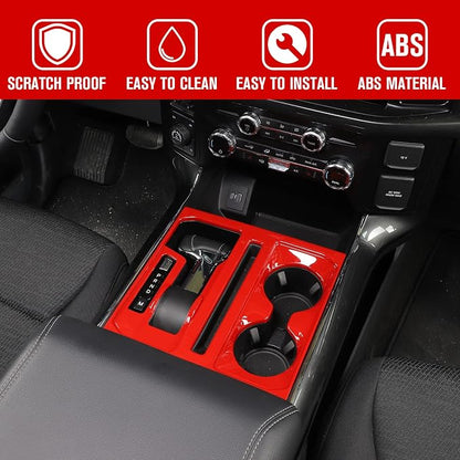 Jimen Compatible with Ford F150 2021-2025, Center Console Gear Shift Panel Trim Cover (Red)
