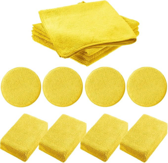 12 Pack Microfiber Applicator Pad Microfiber Sponge for Car Include Round Wax Microfiber Applicator Rectangle Car Drying Towel Exterior Auto Detailing Kit for Cleaning (Yellow)