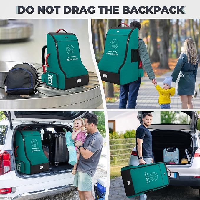 RAINSMORE Padded Car Seat Travel Bag for Airplane Heavy Duty Car Seat Backpack for Air Travel Baby Carseat Cover Bags for Airport Large Car Seats Carrier Fits Car Seats & Booster Seats, Green