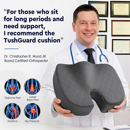 TushGuard Seat Cushion - Memory Foam Sitting Pillow for Office Chair, Car Seat, Airplane, Bleacher - Sciatica & Hip & Coccyx Pain Relief Desk Chair Cushion for Long Sitting Office Workers, Car Drivers