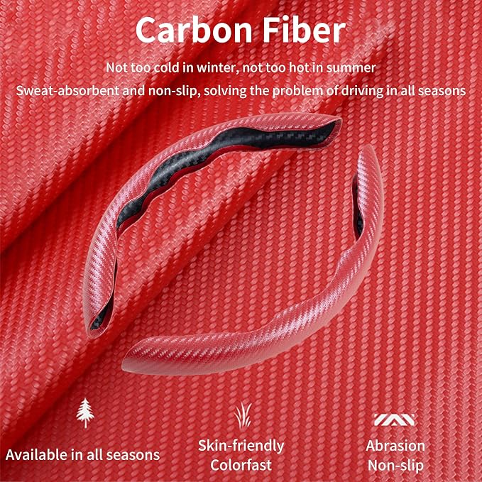 Carbon Fiber Steering Wheel Cover, 3-Piece Set Anti-Skid Comfortable Grip Segmented Butterfly Design, Easy Snap-On Installation Universal Fit 99% Cars, Red