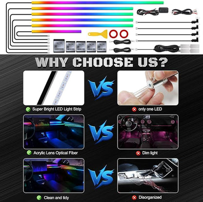 Dreamcolor Acrylic Interior Car LED Strip Light with Wireless APP, RGB 14 in 1 with 175 inches 593 Neon Car Ambient Lighting Kits, Dual Zone Music Sync LEDs Fiber Optic Strip Neon Lights for Car