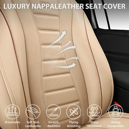 CAR PASS Nappa Leather Seat Covers, Universal FIT Piping Leather Car Seat Cover Full Set for Cars,SUV,Truck 3D Foam Waterproof Luxury Seat Covers 5 Seats, Comfort Durable Airbag Compatible Beige