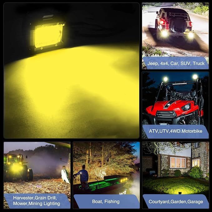 Nilight 2PC 4Inch Yellow Led Pods Triple Row 60W Flood Spot Combo Driving Fog Lights with 16AWG Switch Wiring Harness Kit-2 Leads for Offroad Pickup Trucks ATV UTV SUV, 2 Years Warranty