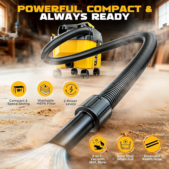 Ecarke 2.5 Gal Cordless Wet Dry Vacuum Compatible with DeWalt 20V Battery, 3-in-1 Shop Vac with Washable HEPA & Brushless Motor, 15KPa Suction, 4 Attachments for Garage Car Workshop (Tool Only)