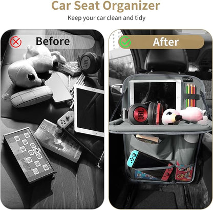 LUCMO Car Backseat Organizer with Tablet Holder-2 Pcs,6 Storage Pockets Car Storage Organizer with Foldable Food Tray Protectors Kick Mats Travel Accessories-Grey