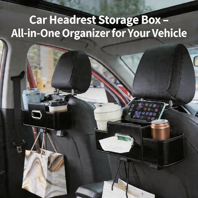 4-in-1 Car Backseat Organizer, Dual Cup Holders, Tissue Box & Phone Mount with Double Hangers, Multi-functional Car Storage Organizer, Universal Fit for All Vehicles, 2 Pieces