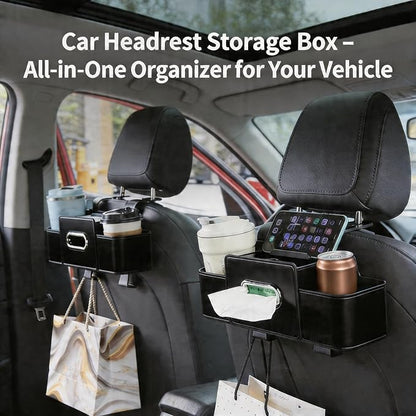 4-in-1 Car Backseat Organizer, Dual Cup Holders, Tissue Box & Phone Mount with Double Hangers, Multi-functional Car Storage Organizer, Universal Fit for All Vehicles, 2 Pieces